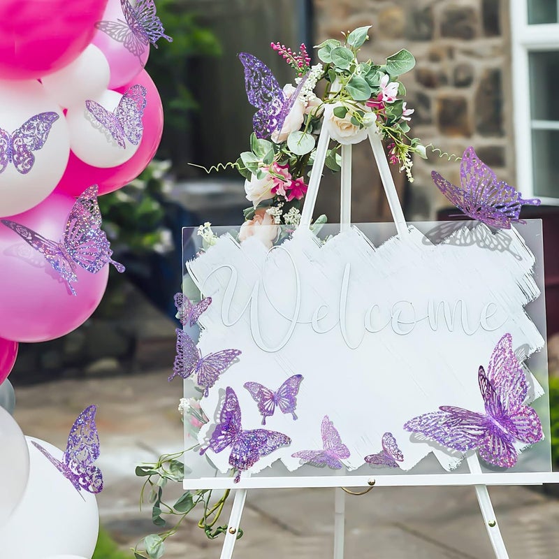 DELEMI 60 Pcs 3D Sequined Purple Butterfly Wall Decor Stickers, 5 Styles 3 Sizes, Holographic Butterfly Decor for Dorm Room & Wedding Party Birthday Decor - Image 4